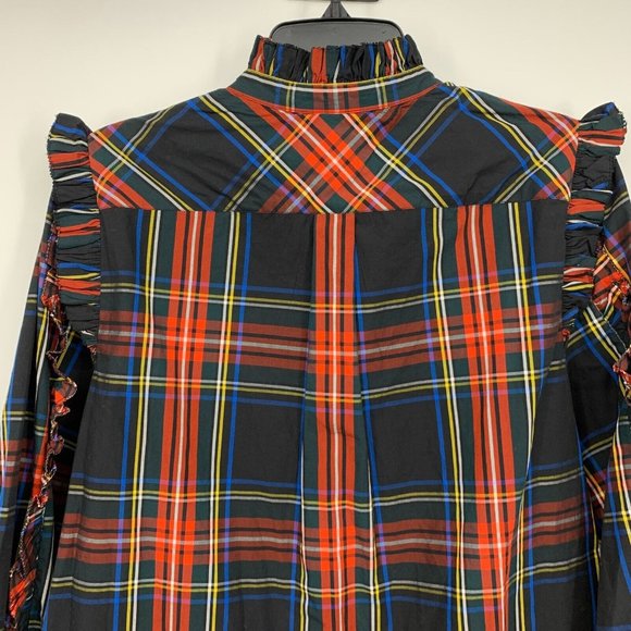 J.Crew Top Black Red Plaid Button Popover Ruffle Long Sleeve - Picture 11 of 13
